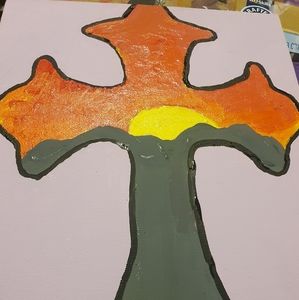Hand painted cross sunset painting